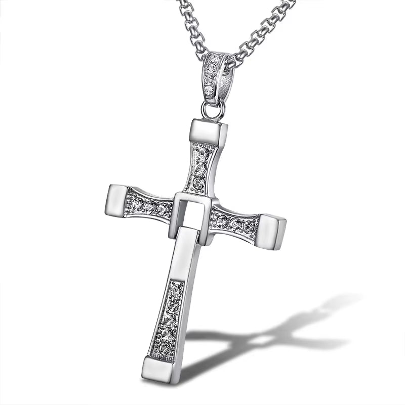 316L Stainless Steel Fast and Furious Movies Actor Dominic Toretto Rhinestone Cross Crystal Pendant Chain Necklace Men Jewelry