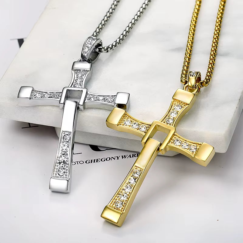 316L Stainless Steel Fast and Furious Movies Actor Dominic Toretto Rhinestone Cross Crystal Pendant Chain Necklace Men Jewelry