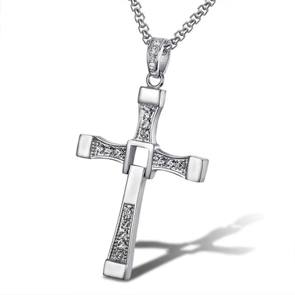 316L Stainless Steel Fast and Furious Movies Actor Dominic Toretto Rhinestone Cross Crystal Pendant Chain Necklace Men Jewelry