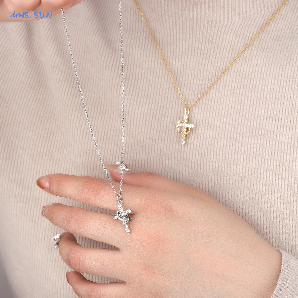 Cubic Zircon Rotatable Crown Cross Pendant Necklaces Classic Stainless Steel Chain Banquet Party Jewelry for Women Men