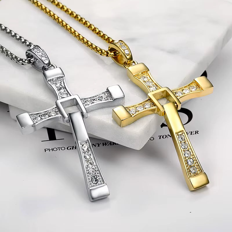 316L Stainless Steel Fast and Furious Movies Actor Dominic Toretto Rhinestone Cross Crystal Pendant Chain Necklace Men Jewelry