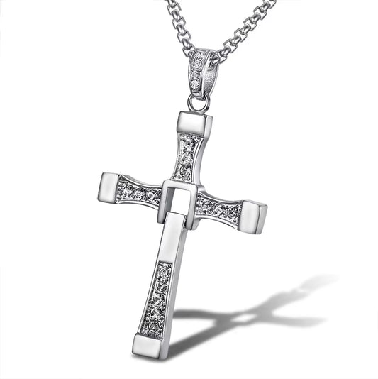 316L Stainless Steel Fast and Furious Movies Actor Dominic Toretto Rhinestone Cross Crystal Pendant Chain Necklace Men Jewelry